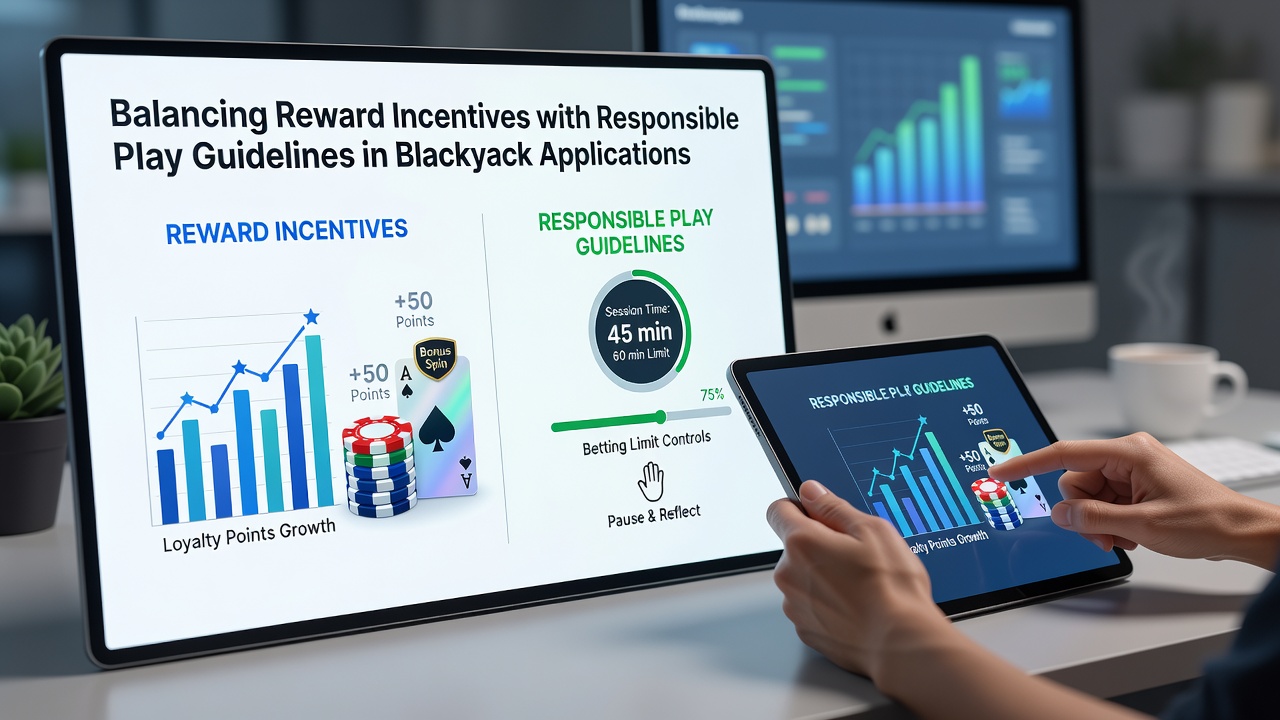 Darstellung eines verantwortungsvollen Spiel-Dashboards in einer Blackjack-App mit Limits und Belohnungsübersicht