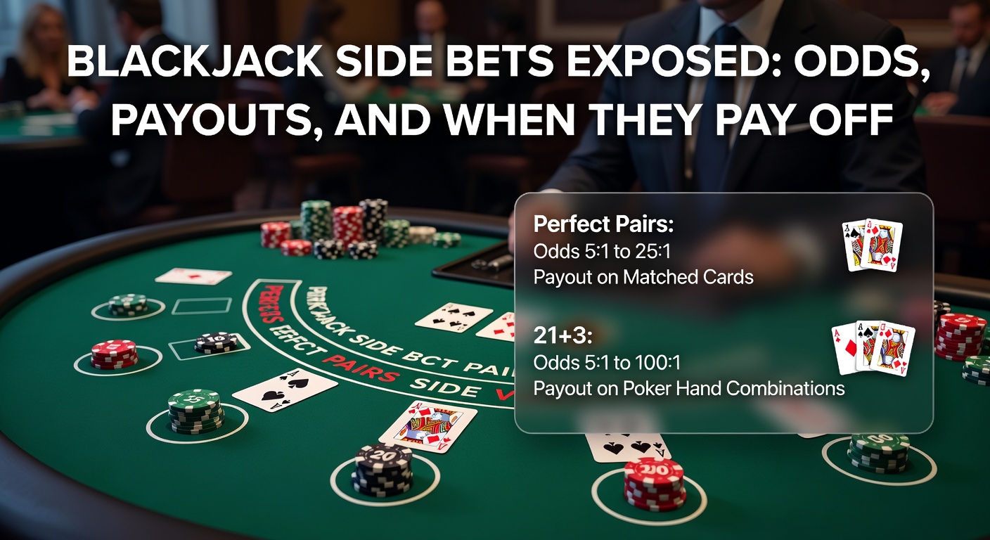 Detaillierte Grafik mit Quoten-Tabelle für Blackjack-Nebenwetten wie 21+3 und Perfect Pairs, inklusive House-Edge-Vergleichen