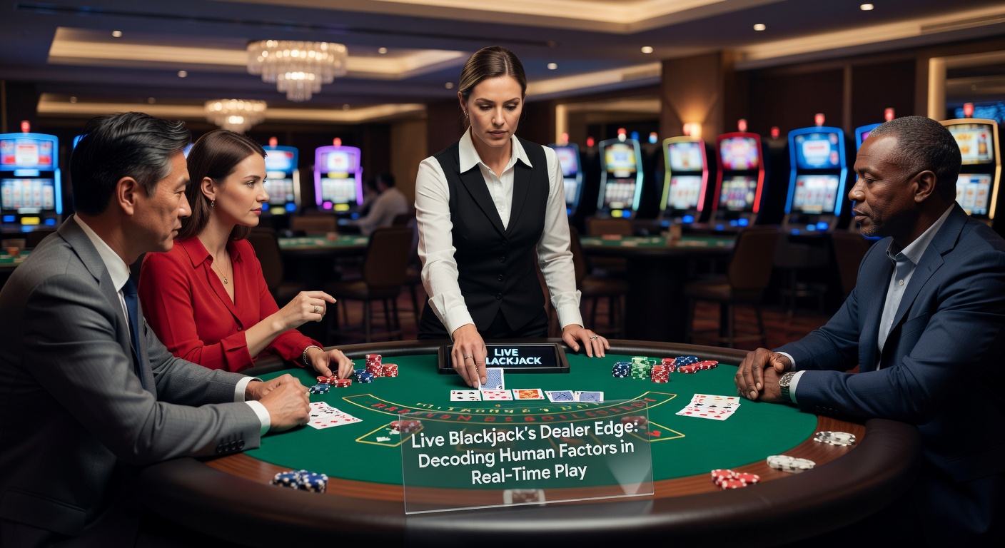 Nahaufnahme eines Dealers beim Austeilen von Karten in einem Live-Blackjack-Spiel, die menschlichen Nuancen wie Handbewegungen und Konzentration hervorhebend