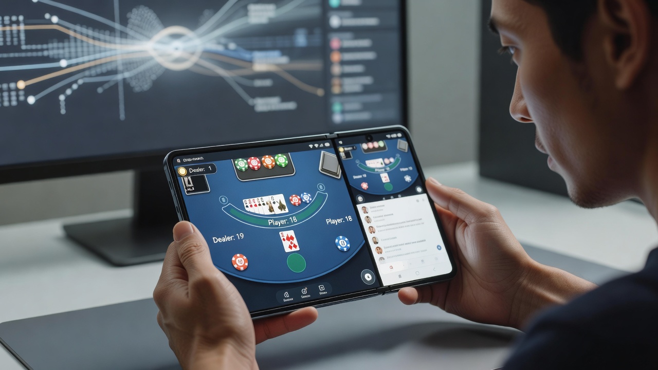 Nahaufnahme eines foldable Devices während einer Blackjack-Session mit mehreren offenen Fenstern und Markierungen zur peripheren Sicht